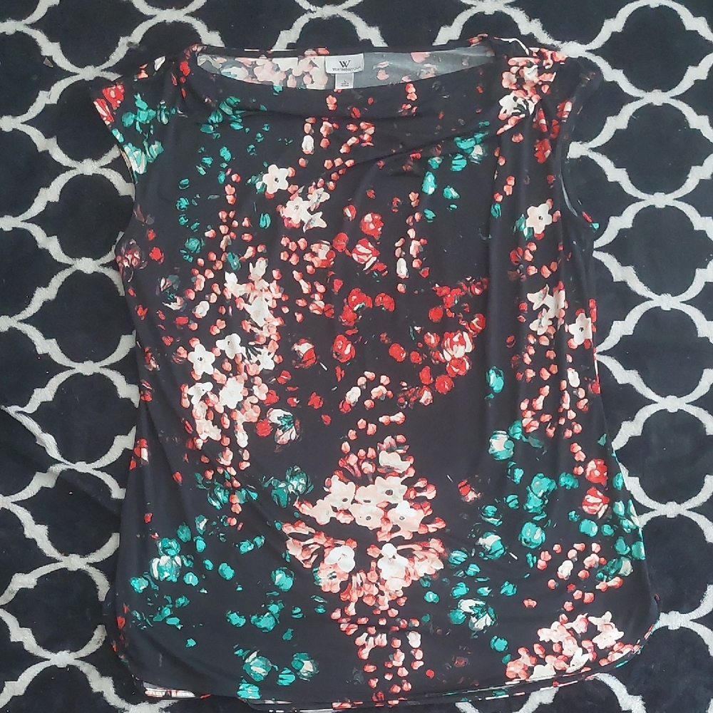 Worthington Black Graphic Cap Sleeve Blouse